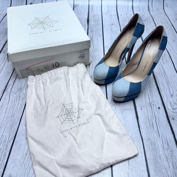 CHARLOTTE OLYMPIA PRISCILLA IN STRIPES BLUE LINEN PLATFORM HEELS SIZE  37 1/2 - Picture 1 of 10